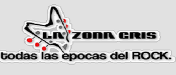 Logo la zona gris: contorno de un diapasón de guitarra eléctrica con clavijas rojas; dentro se encuentra la sílaba 'la', fuera de este a la derecha en el cuerpo de la guitarra formando el texto: 'zona gris', bajo éste, complementando el eslogan 'todas las épocas del ROCK